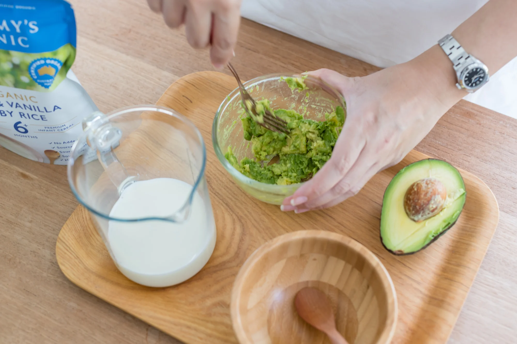 Mash 1/2 avocado with a fork into a smooth consistency. Of course if you like a little texture, you can just semi-mash them.