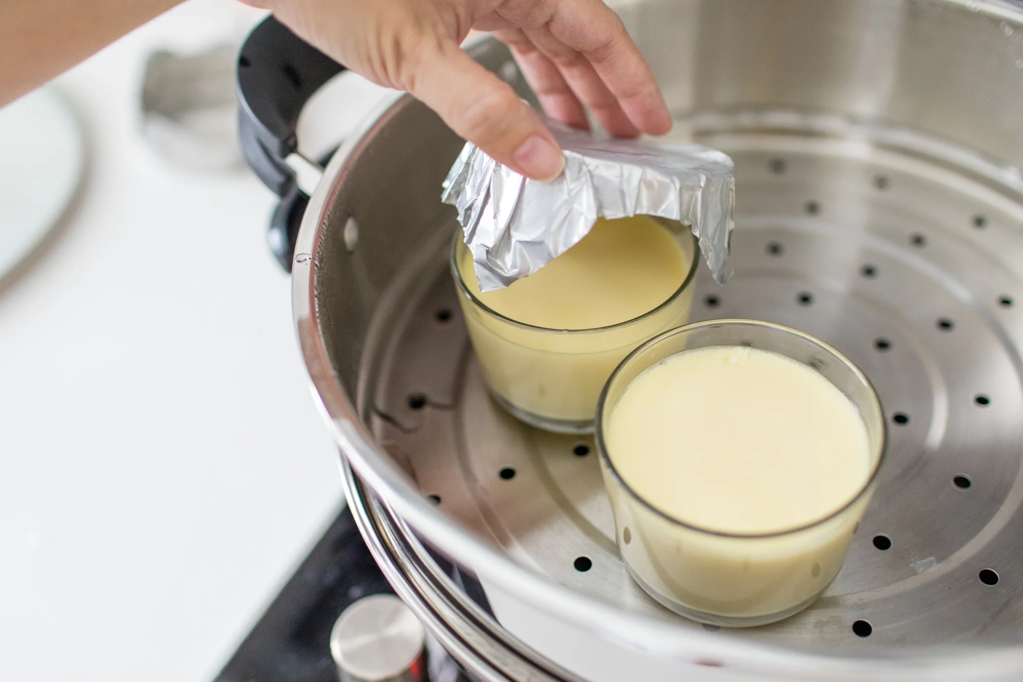 I prefer to have my custard softer and wobbly, so I steam it for 12min maximum.