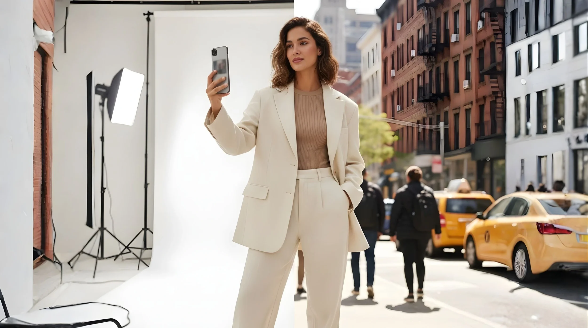 Fashion model creating smartphone content during a photoshoot in an urban setting, representing the impact of influencer marketing on the modern modelling industry