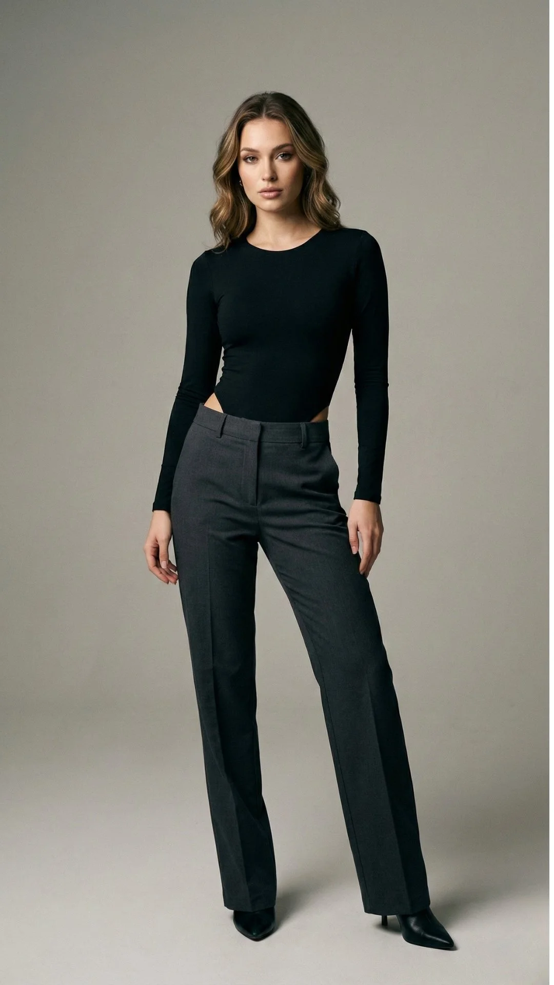 Full length studio portrait of a female model in minimal black styling showcasing professional posing and clean fashion look for an Australian modelling portfolio.