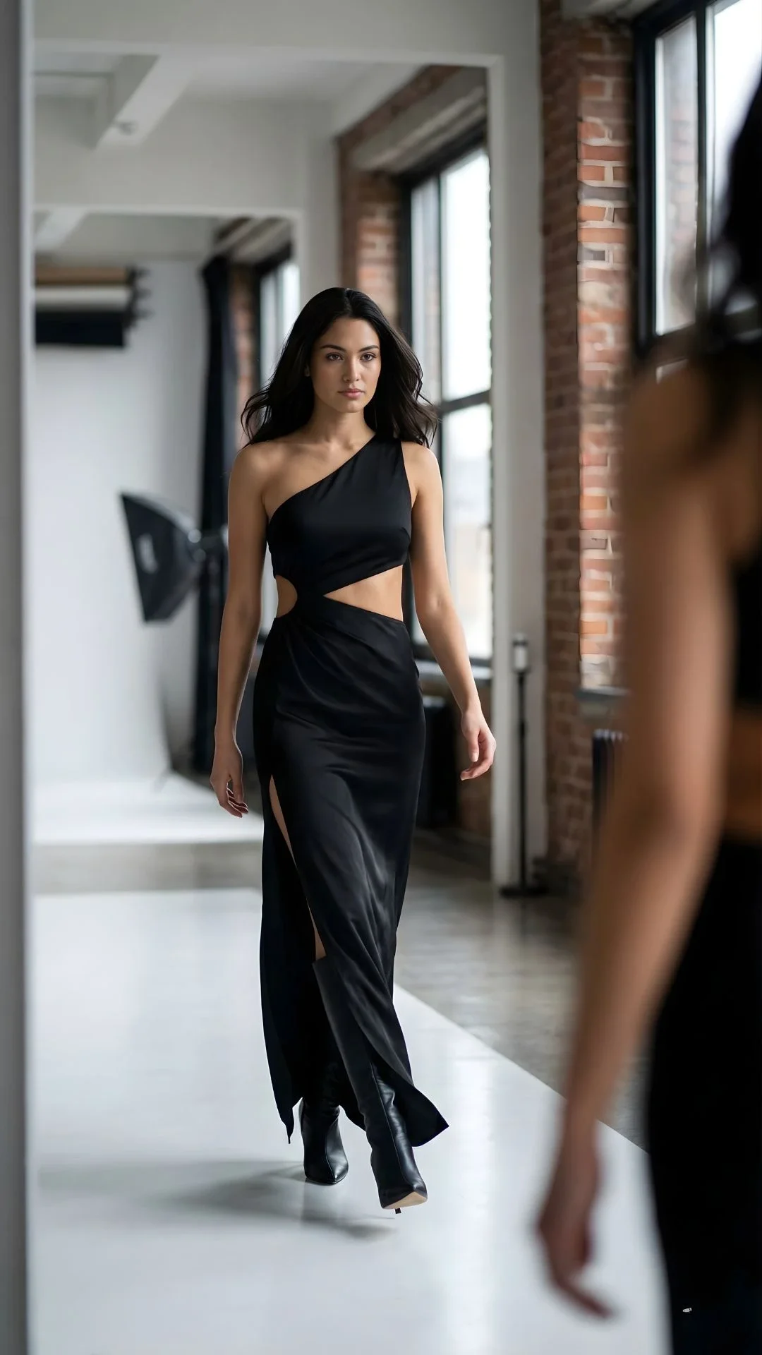 Beginner fashion model practising runway walk during modelling training session in Australian studio