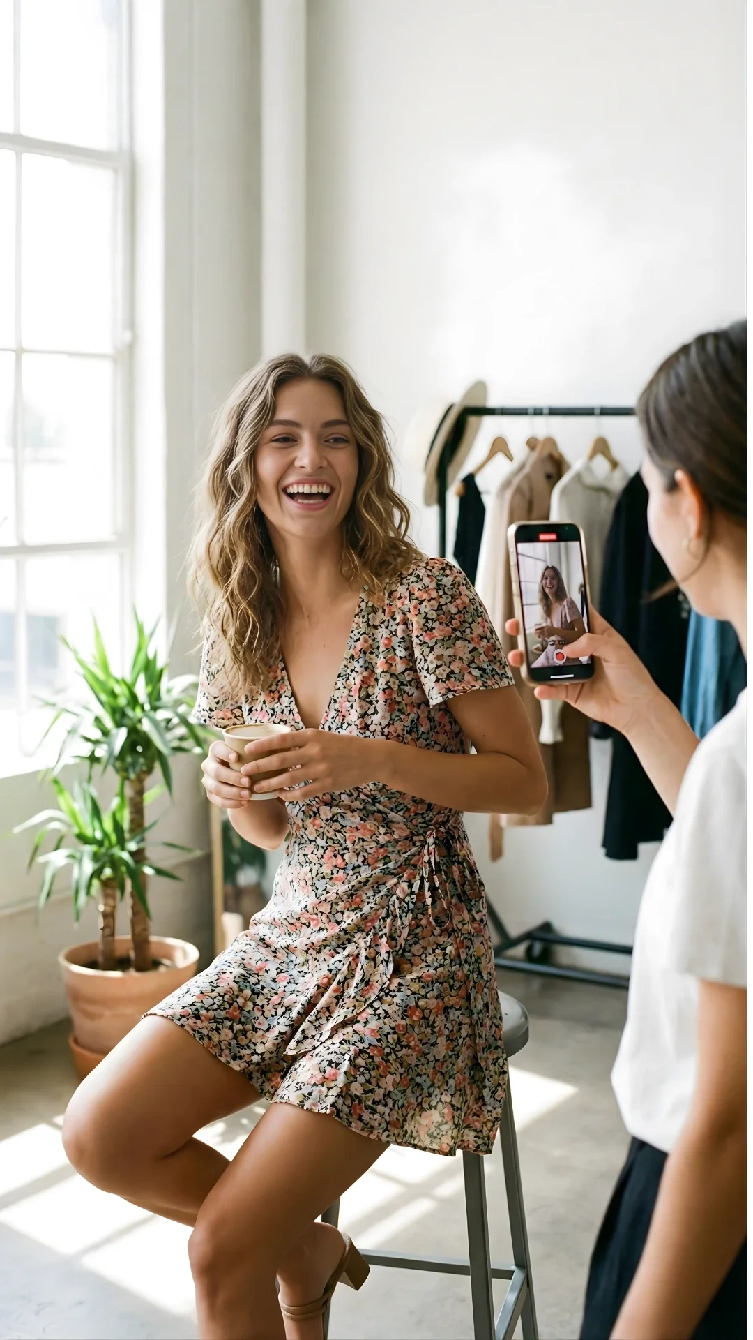 Fashion model creating behind the scenes lifestyle video content for Instagram to increase engagement and audience connection