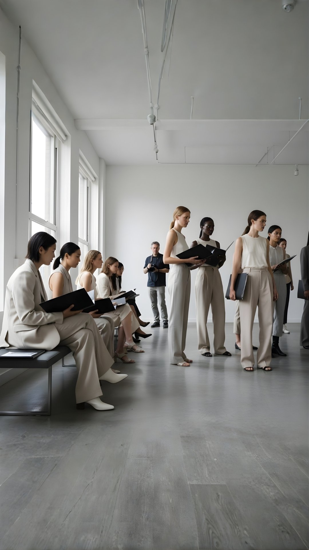 Aspiring fashion models waiting during a casting call holding portfolios representing competition rejection and resilience in the modelling industry