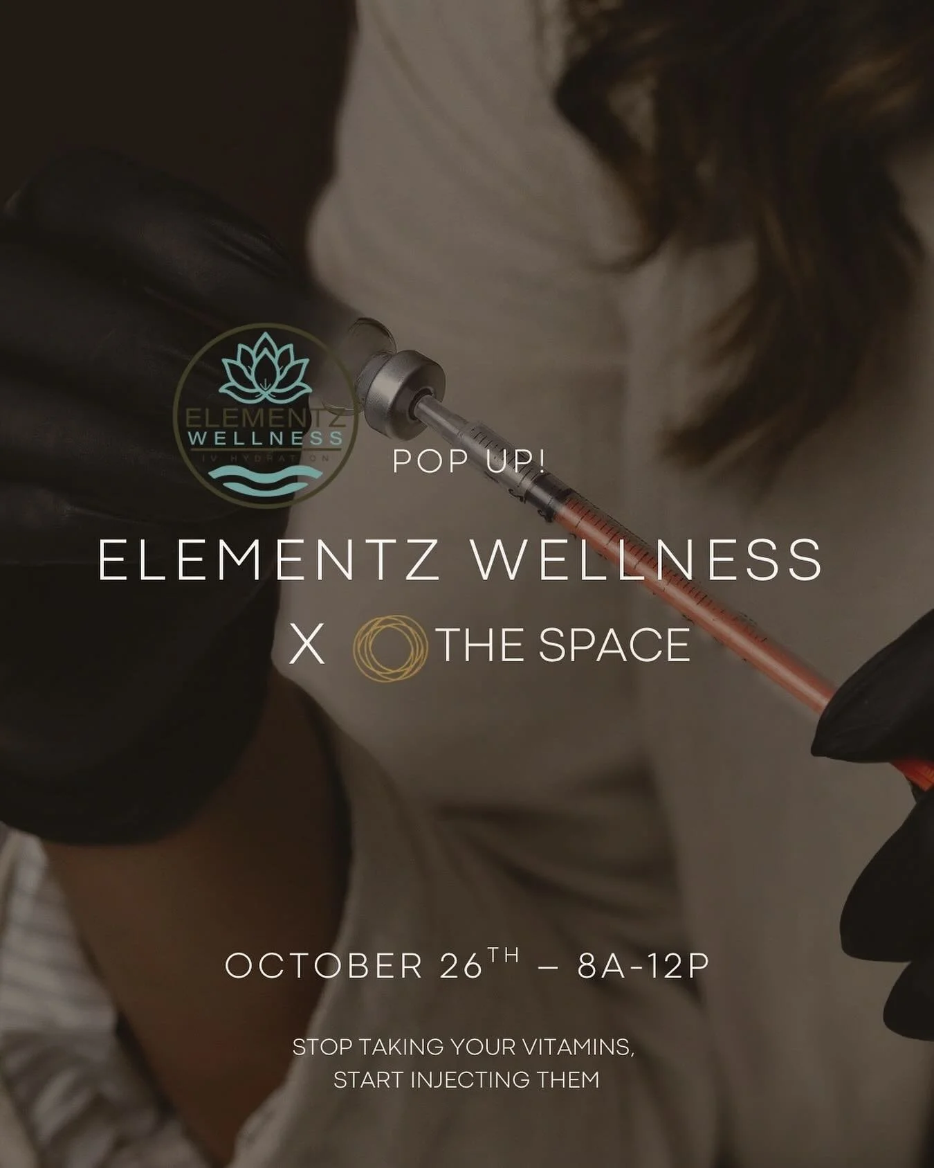 THIS SUNDAY! Our next monthly pop up with @elementzwellness 🌿

Elementz Wellness Pop-Up at The Space 
This Sunday, October 26th | 8a-12p

Boost your wellness the efficient way &mdash; inject your vitamins instead of taking them! 💉💪

Join us for vi