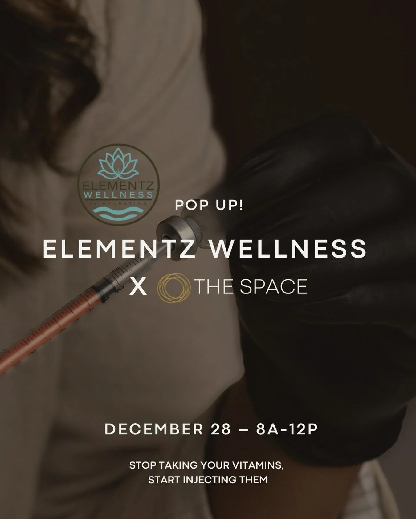 Our next monthly pop up with @elementzwellness is in the books!! 🌿

Elementz Wellness Pop-Up at The Space 
December 28th | 8a-12p

Boost your wellness the efficient way &mdash; inject your vitamins instead of taking them! 💉💪

Join us for vitamin s