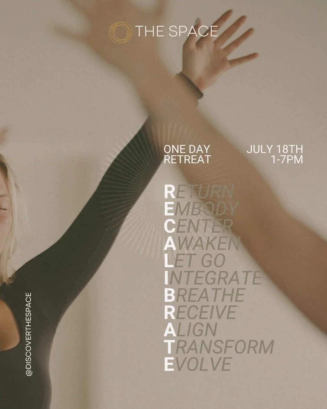 July 18 | 1 &ndash; 7 PM
ITS HAPPENING! 

Give yourself the gift of connecting back to yourself mid summer. This is a reset designed to help you reconnect, release, and realign.

In the fullness and heat of summer, life can begin to feel noisy, fast,