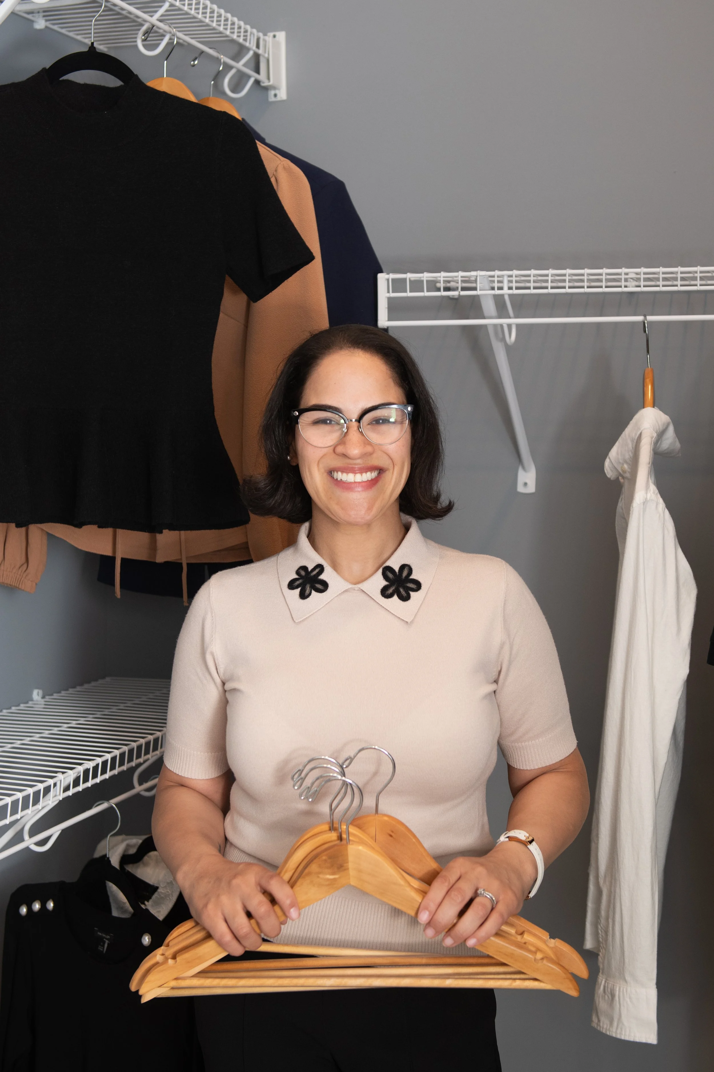 Karen designing a custom closet system during a wardrobe organizing engagement, Tidy by Karen Jacksonville FL