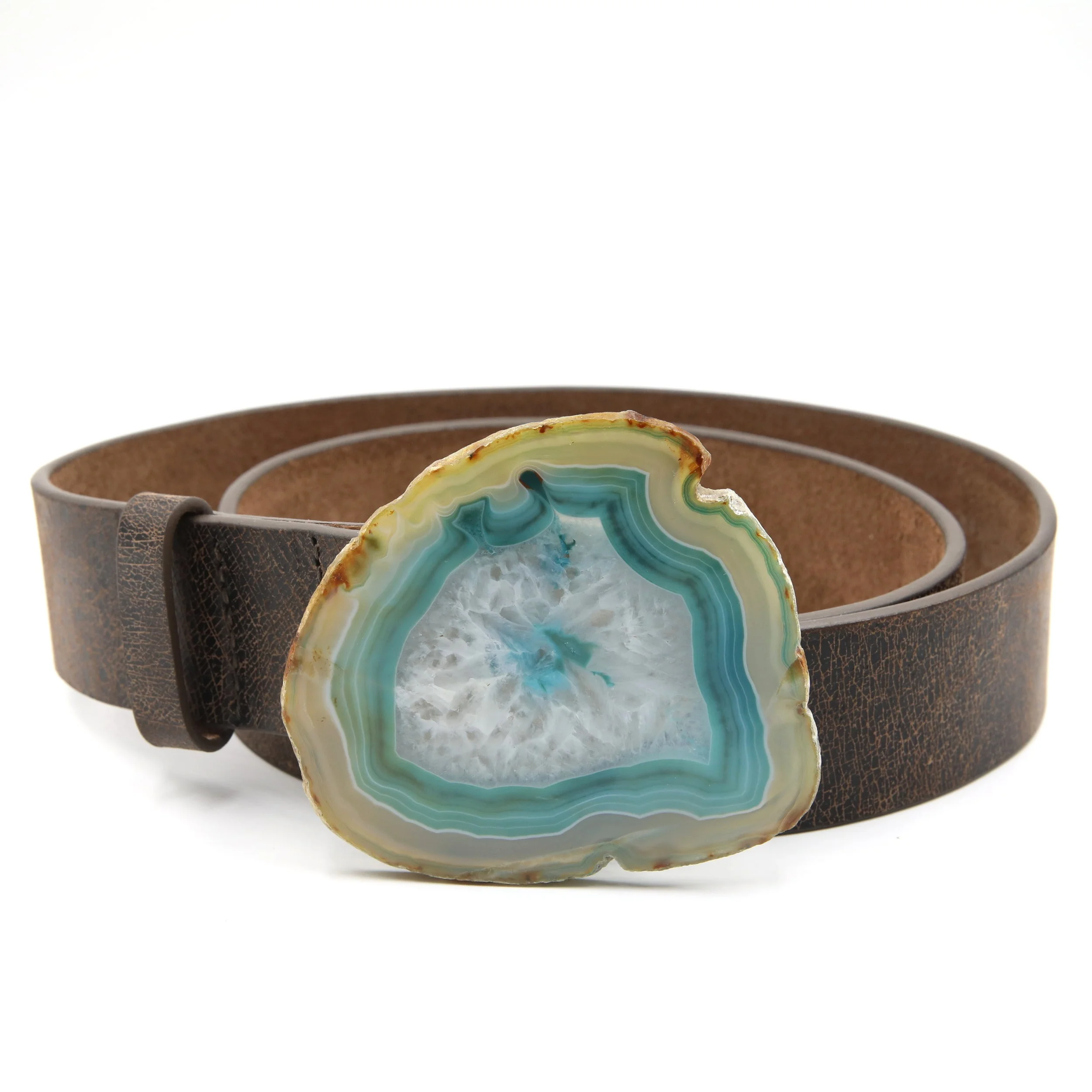 Green Agate Brown Leather Belt - Medium