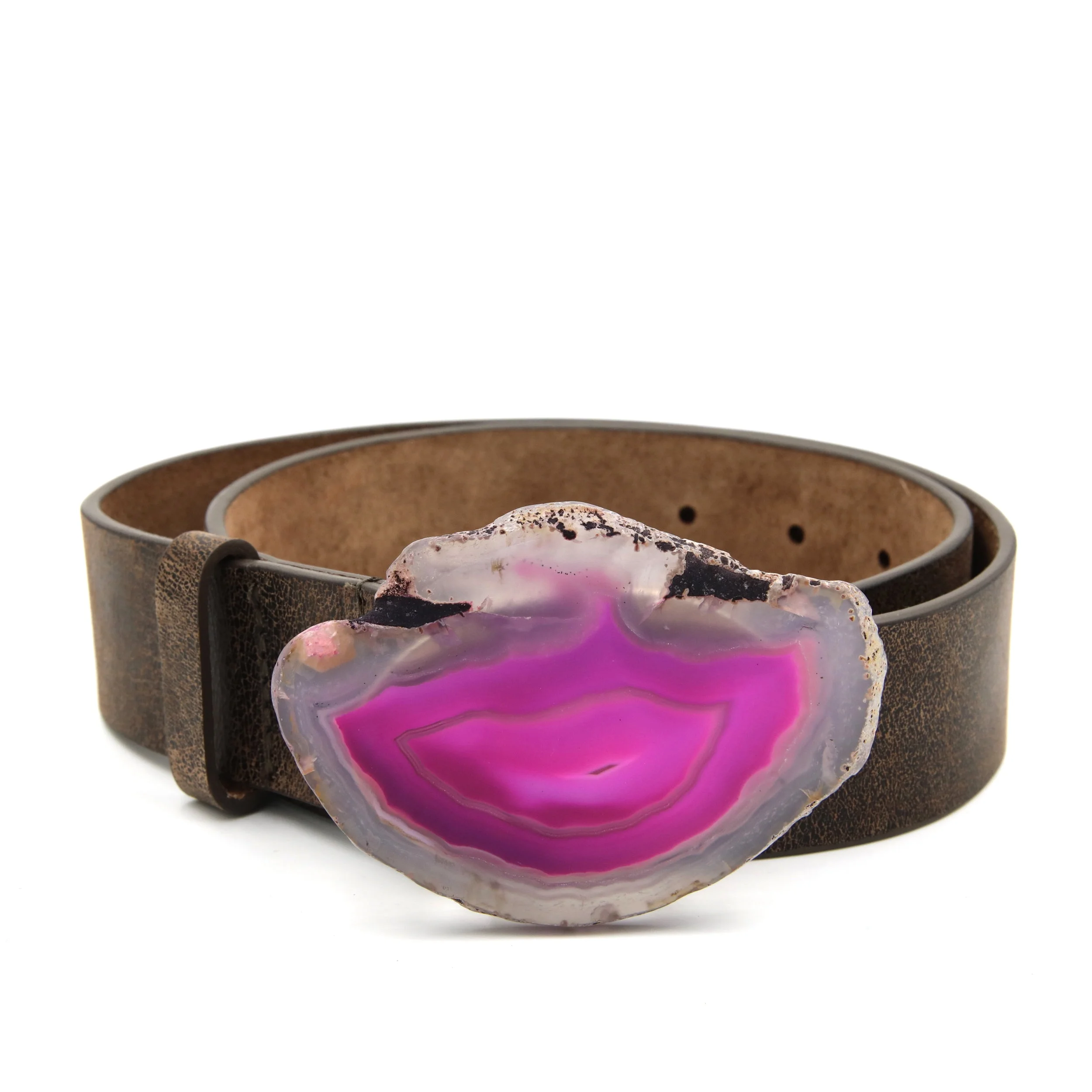 Pink Agate Brown Leather Belt - Medium