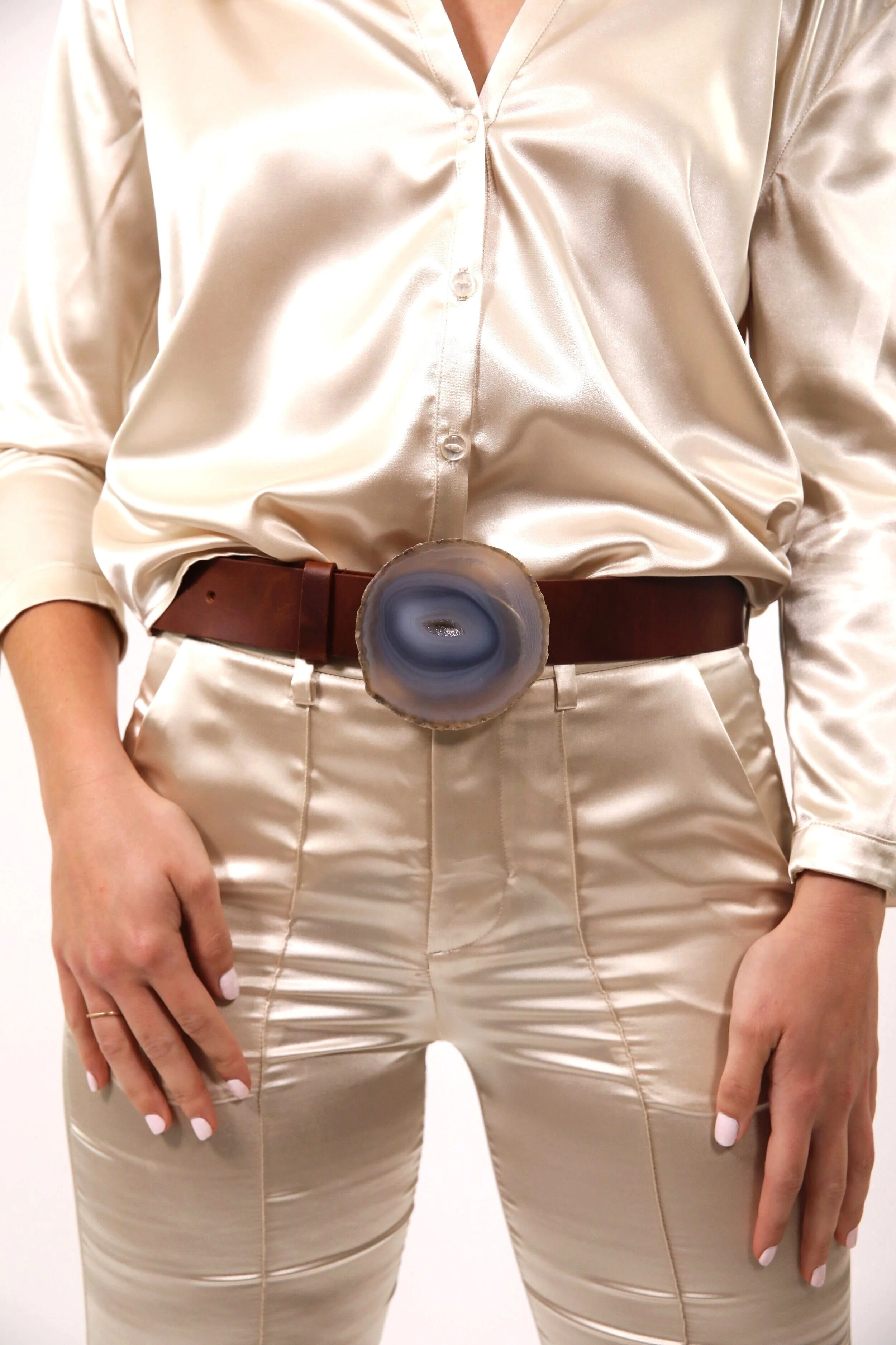Grey and Blue Agate Whiskey Leather Belt - Medium — MAXCILA display picture 1