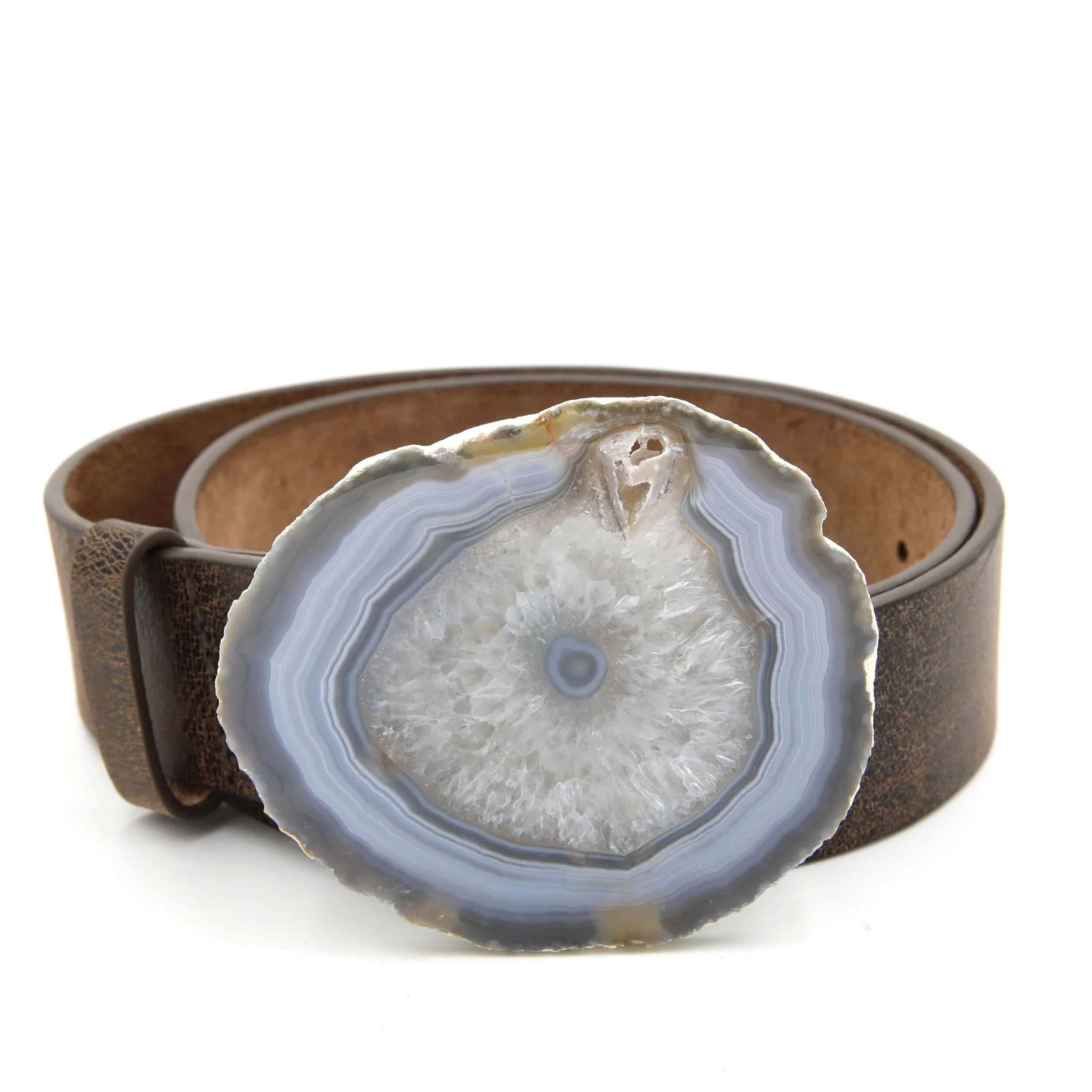 Grey and Blue Agate Brown Leather Belt - Small