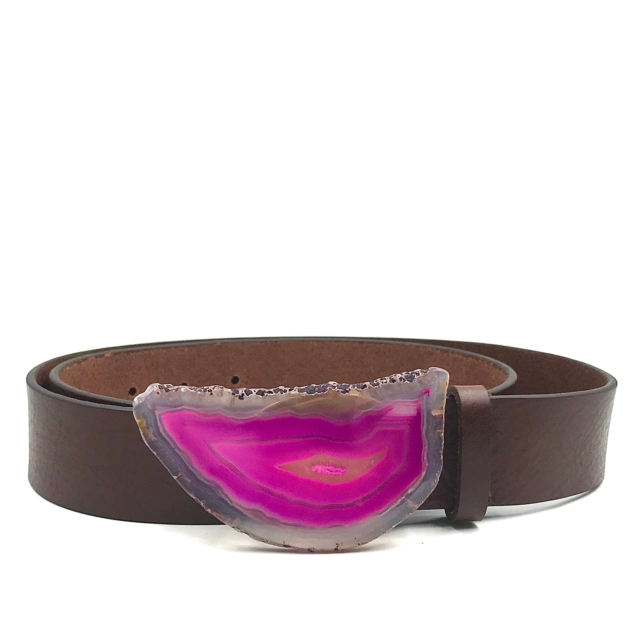 Pink Agate Chocolate Leather Belt - Medium