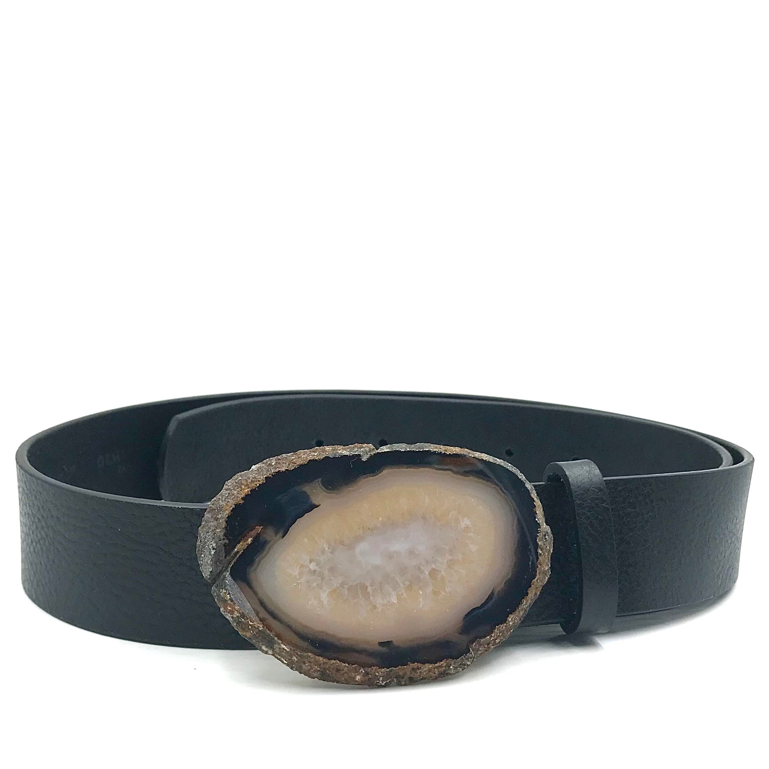 Black Agate Black Leather Belt - Medium