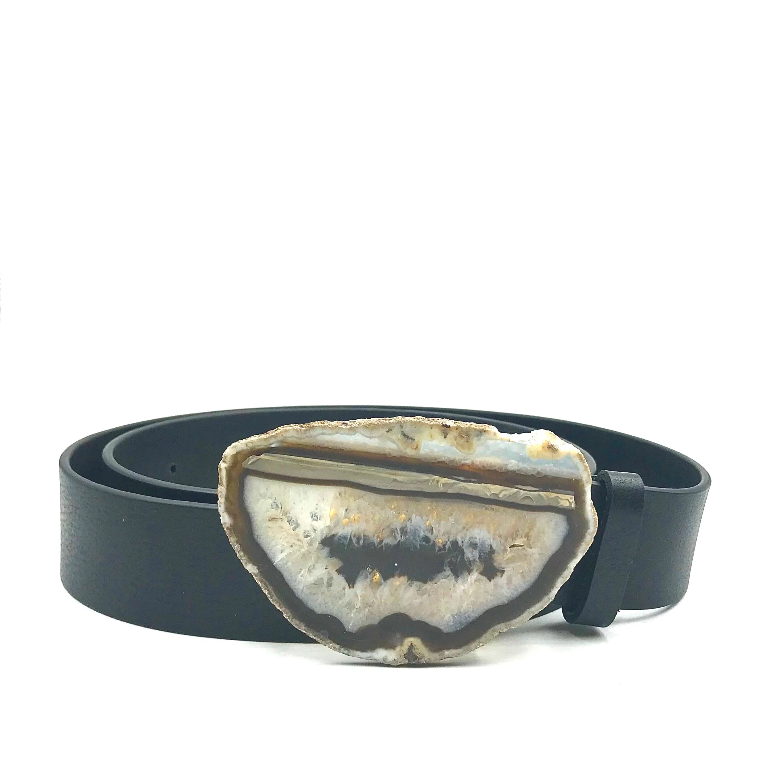 Grey and Black Agate Black Leather Belt - Medium