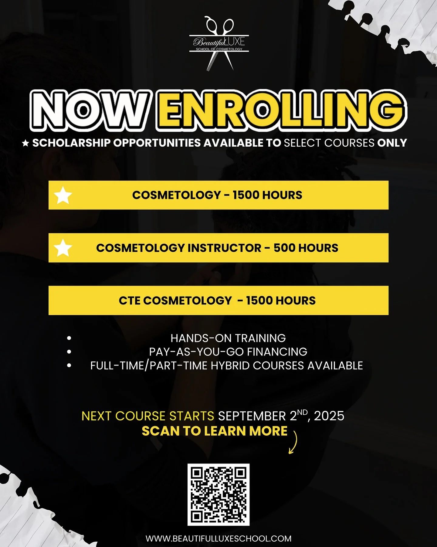 Your future in beauty begins now ⏰

We&rsquo;re officially enrolling for our upcoming cosmetology courses and seats are filling fast!

✨ Programs Offered:
&bull; Cosmetology &ndash; 1500 Hours
&bull; Cosmetology Instructor &ndash; 500 Hours
&bull; CT
