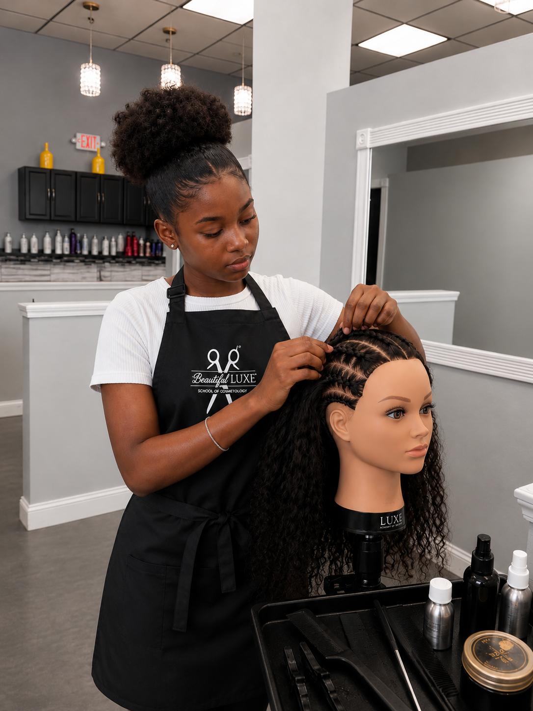Young student practicing braiding techniques during a Little Luxe Creative Lab