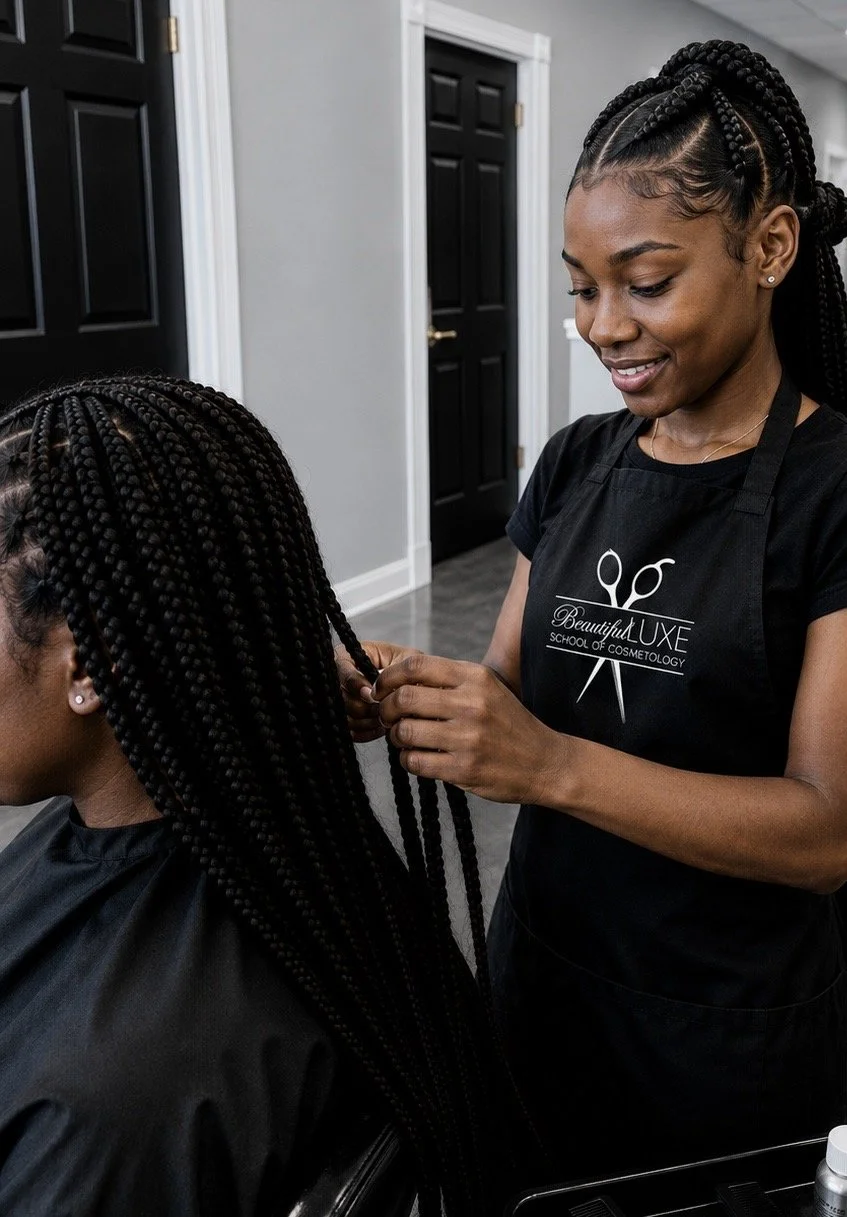 Licensed beauty instructor teaching a young student braiding techniques at Beautiful Luxe School of Cosmetology