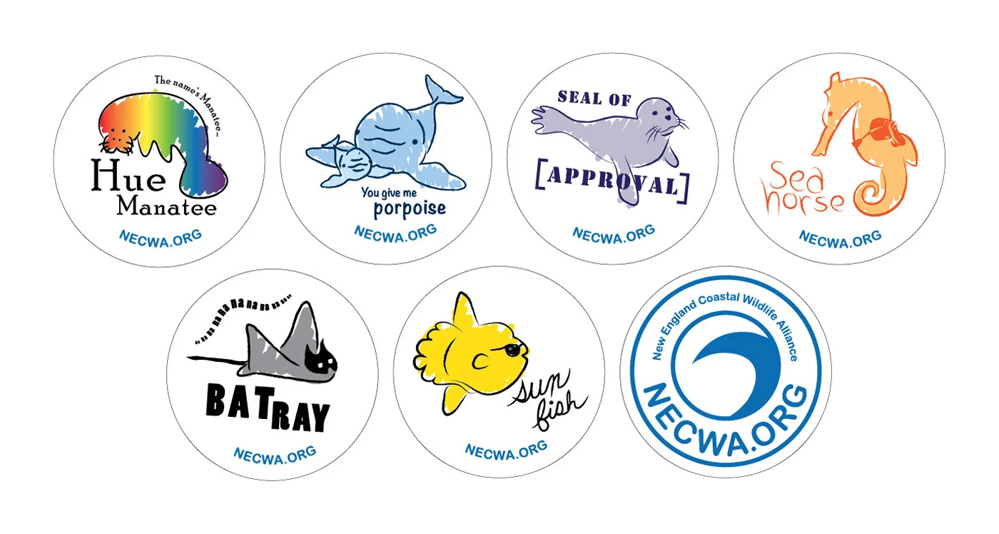  Another project for my internship with NECWA. These marine animal puns were originally designed to be t-shirt designs but were to be altered to be printed as 2in x 2in circular stickers to be used at a educational event for kids. 