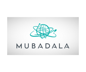 Logo of Mubadala featuring a stylized globe with orbiting rings above the company name.