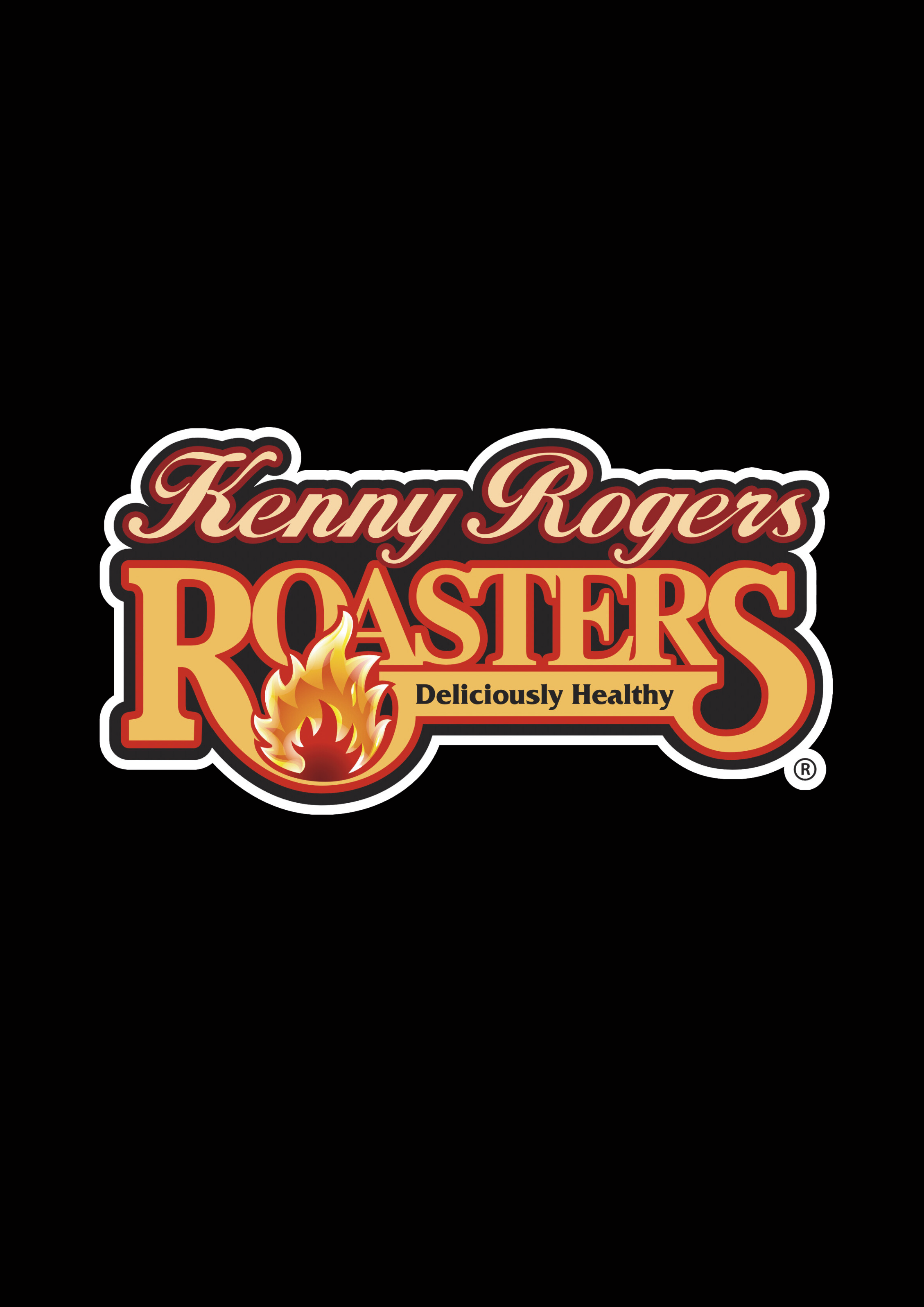 Logo for Kenny Rogers Roasters featuring stylized text and a flame icon with the slogan 'Deliciously Healthy' on a black background.