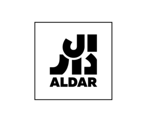 A logo with stylized black text in Arabic script and the word 'ALDAR' beneath in bold, all within a black border.