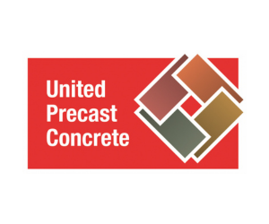 Logo for United Precast Concrete with a red background and geometric shapes.