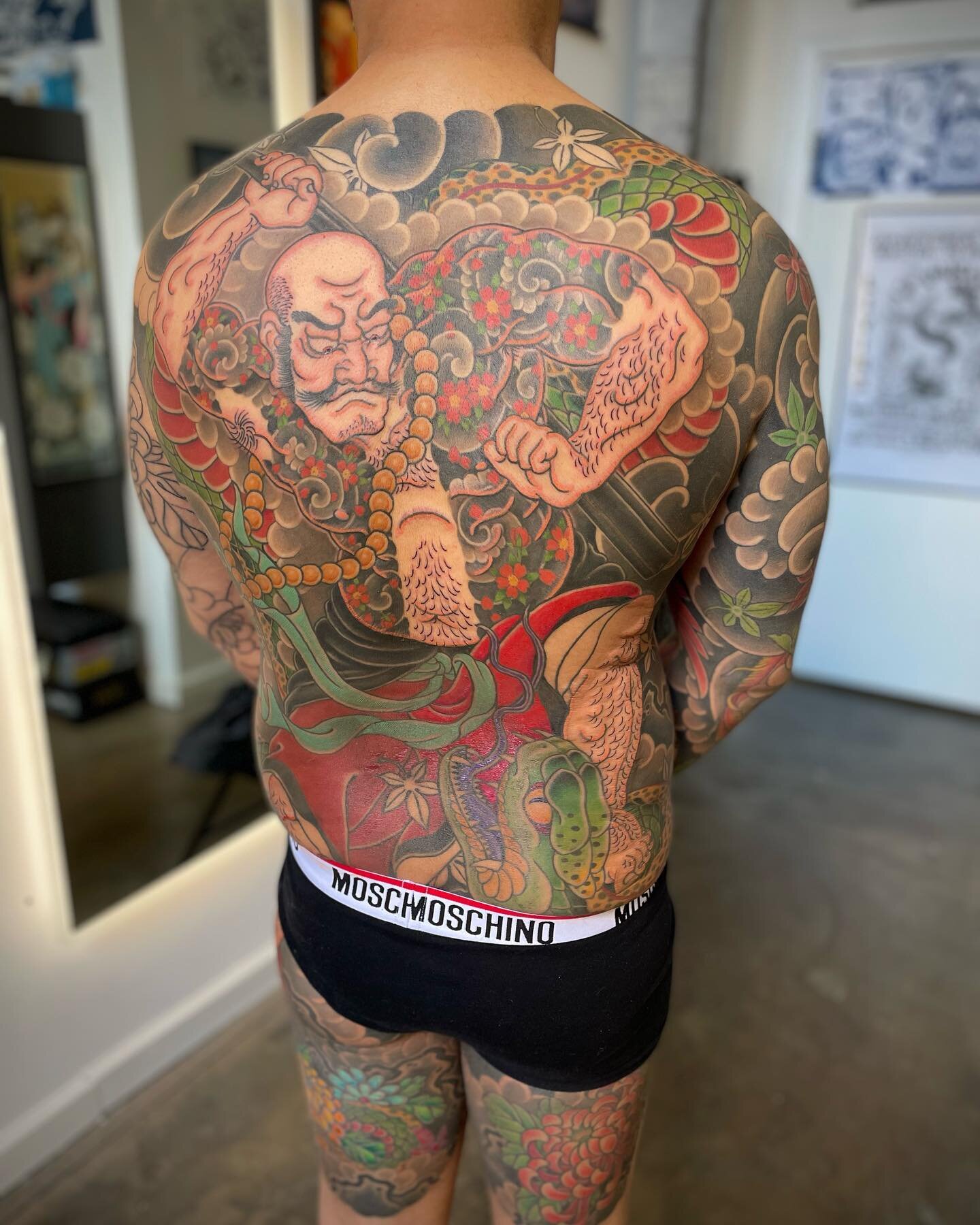 A few hours shy of being complete. Morgan has been a real inspiration in this process, dedicating 8+ hours a month nonstop from start to finish. 👏👏👏 
The subject is Kaosho Rochishin, the tattooed monk. One of the 108 heroes of Suikoden, battling a