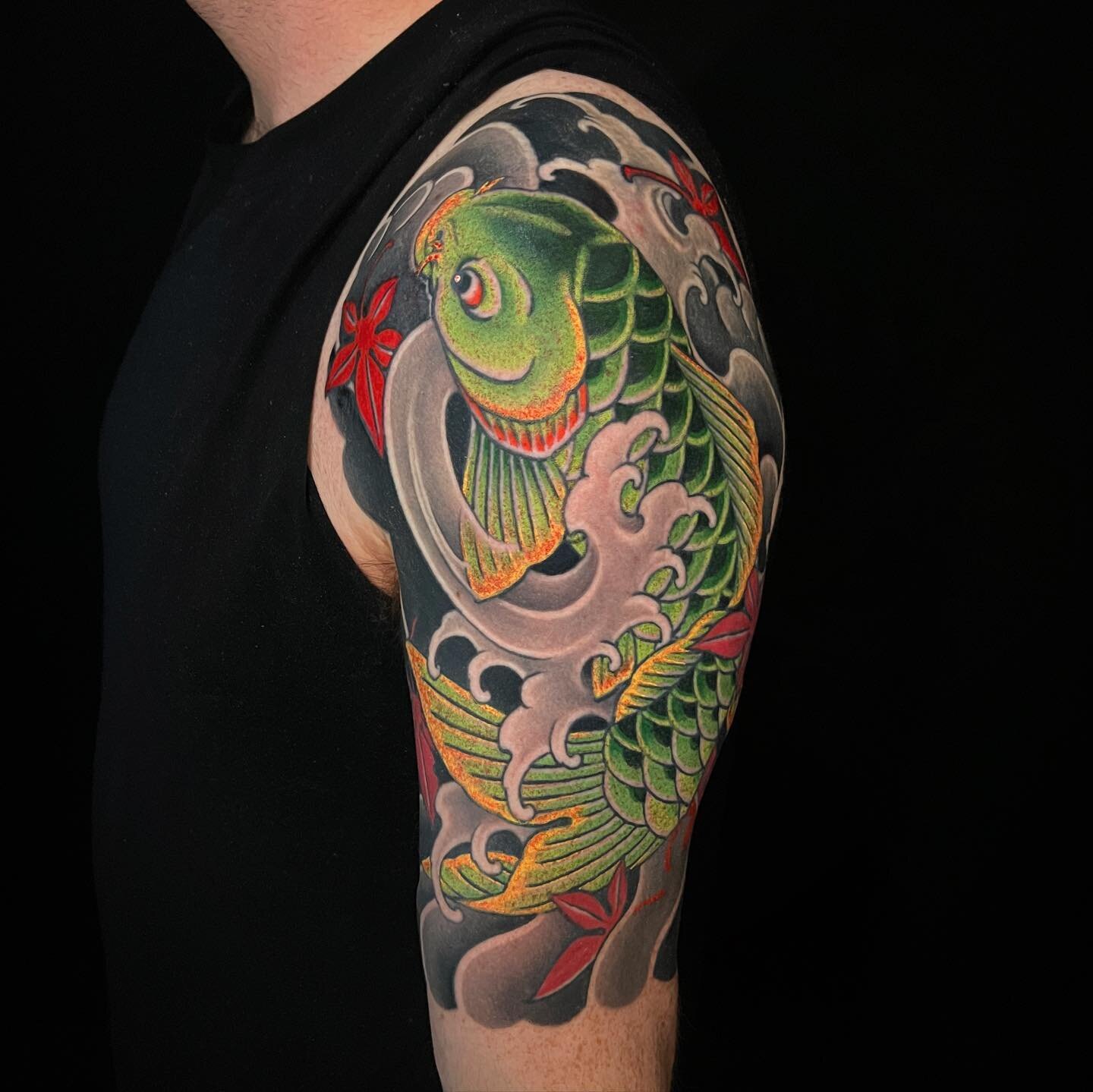 Started this half sleeve before the pandemic started. Glad to have completed it. I've wanted to do a river carp take on a koi motif for some time now. While the red/gold/silver/white/etc koi are very pretty, these colors come from domestication, and 