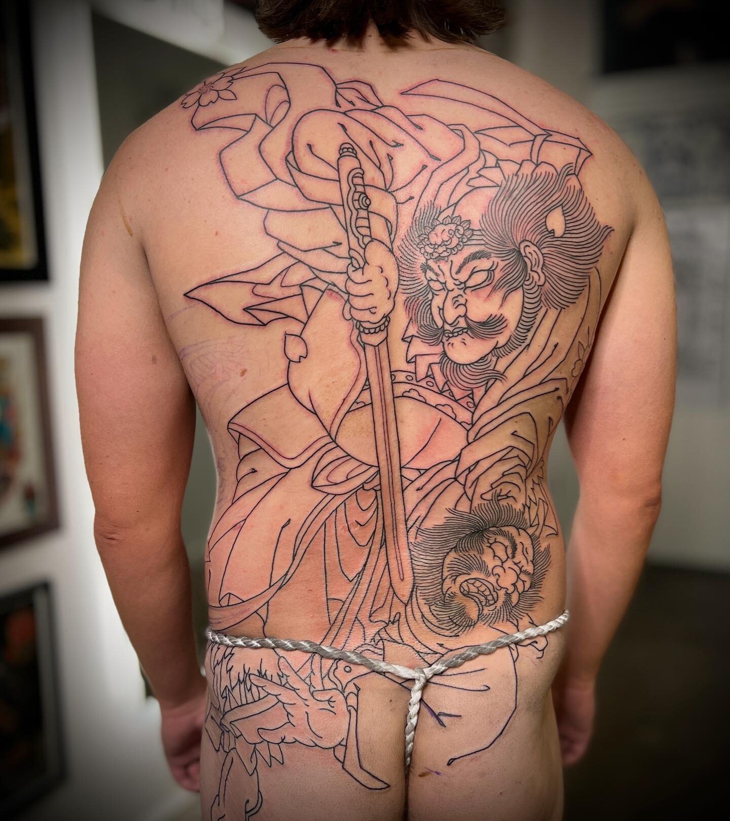 Devin sat like a pro for his first session on his first tattoo, a full bodysuit. Way to get it done! Byo&rsquo;utchi Sonritsu (Sun Li) aka &ldquo;Sick Yuchi&rdquo; of the 108 Heroes of Suikoden, one of the few heroes in the story to survive the campa