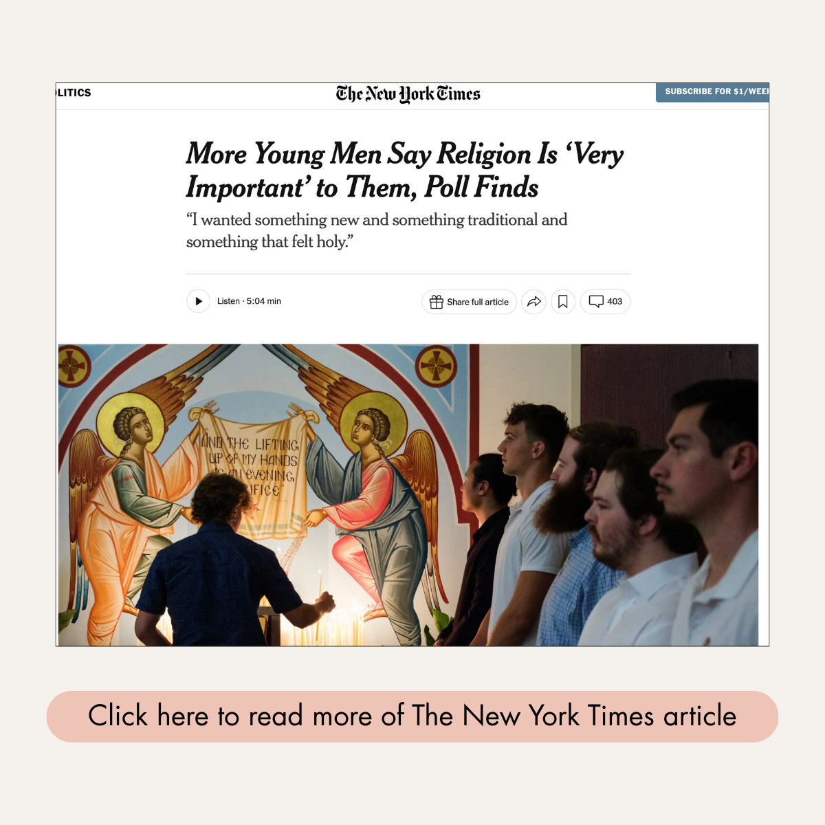 New York Times article reporting that more young men say religion is very important, based on recent poll data