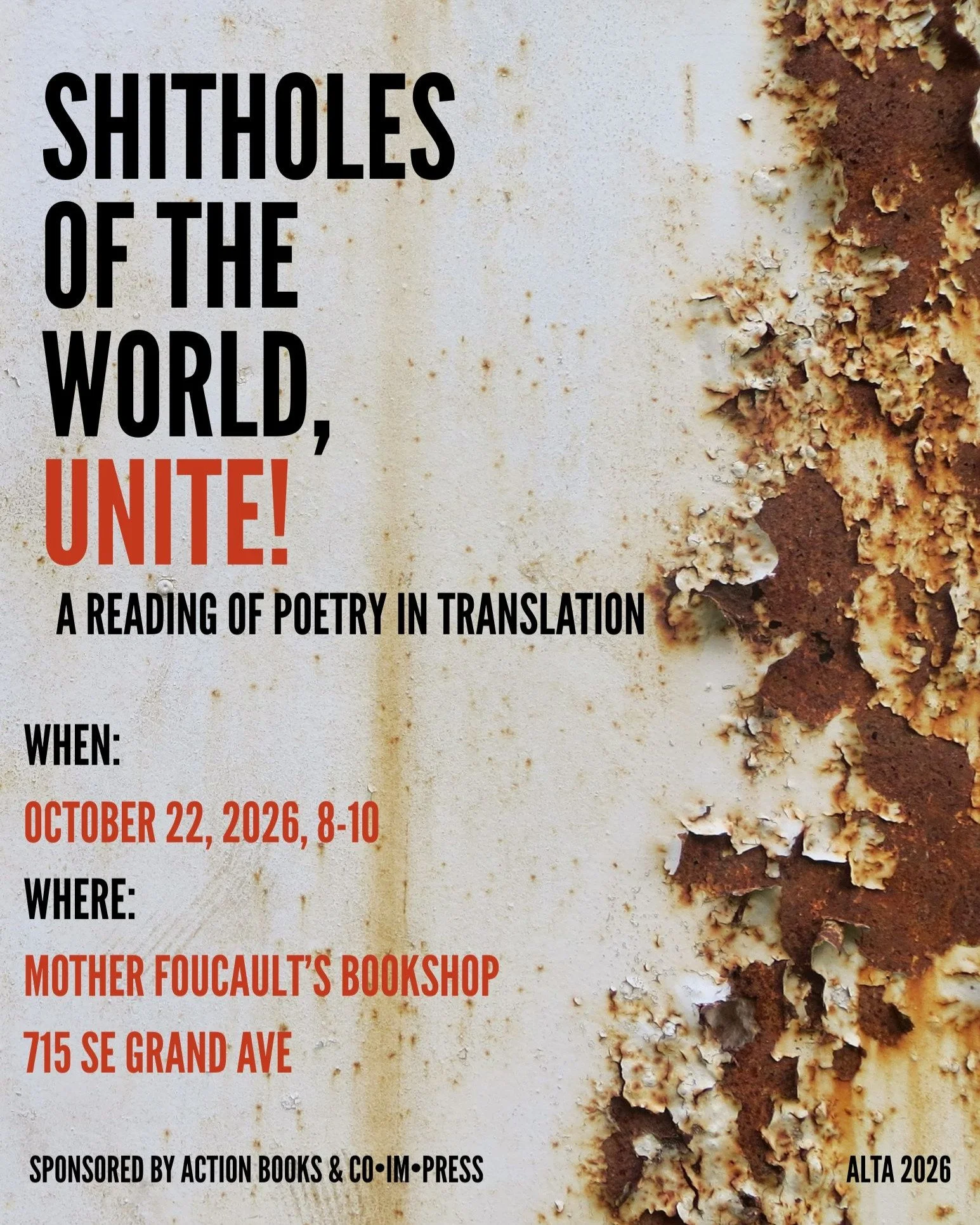 happening at American Literary Translators Association (ALTA) in a few weeks! we've got a great line-up of over 30 poet/translators participating in this year's marathon reading. if you're around pdx on october 22, 8-10, come by Mother Foucault's Boo