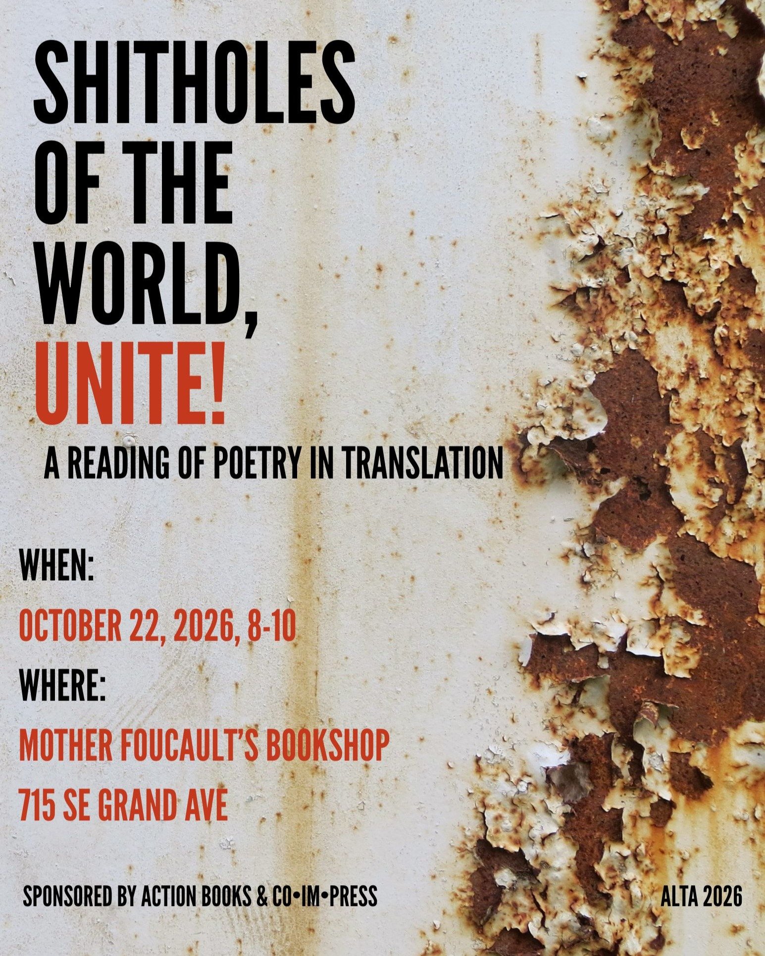 happening tonight! we've got a line-up of 40 poet-translators reading one poem each in translation. come on down to mother foucault's bookshop this evening 8-10! 
@literarytranslators #pdx 
sponsored by @actionbooks &amp; coimpress