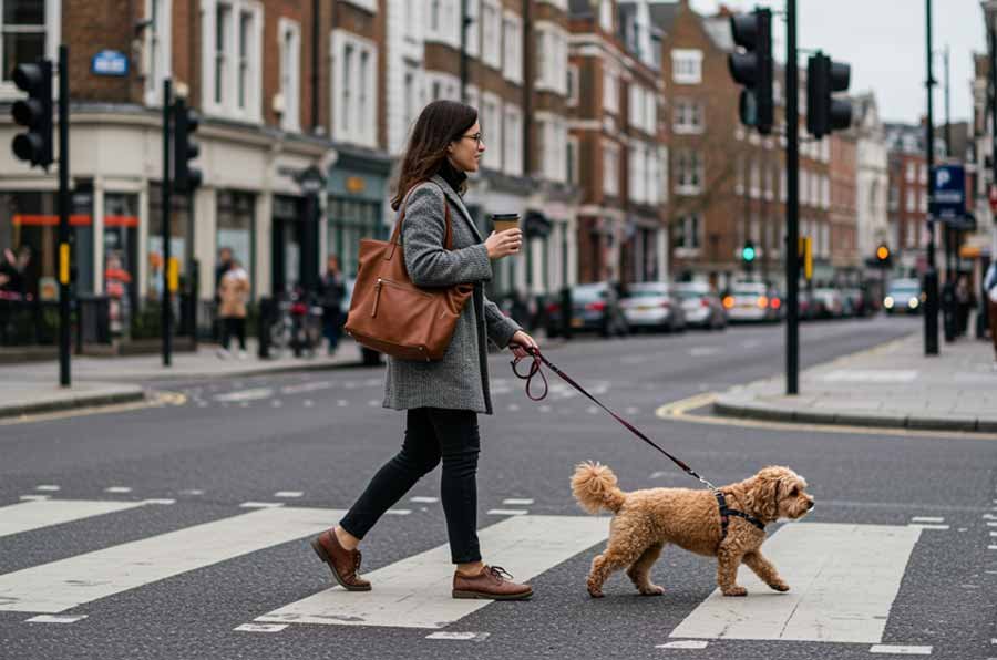 Woman crossing the road with a small dog in Kensington London