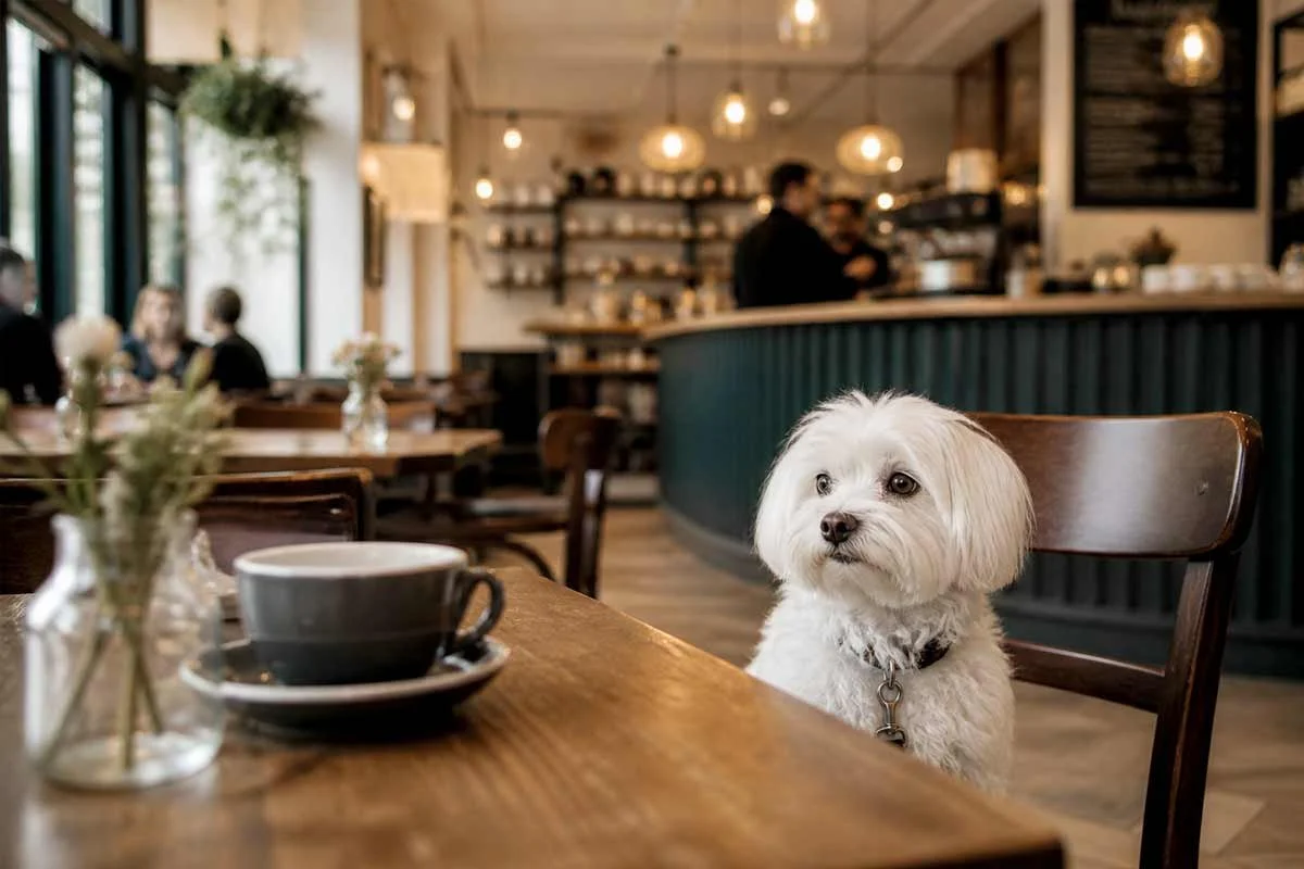 Small dog sitting in a dog-friendly café in Chelsea London