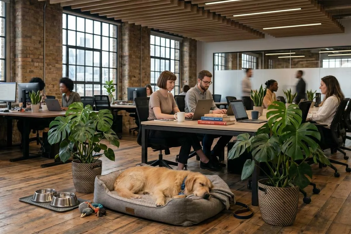 Dog sleeping under office desk while owner works at computer
