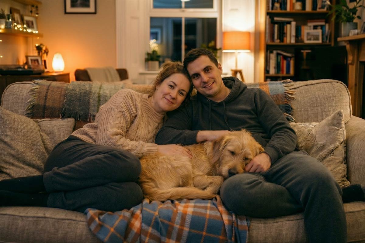 Dog relaxing with owners at home after a calm and active day