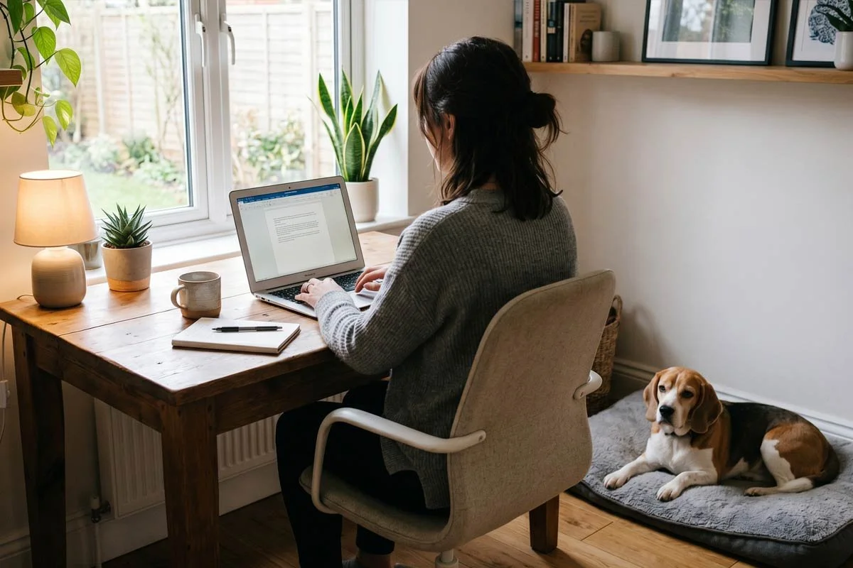 Dog lying on bed while owner works at desk from home