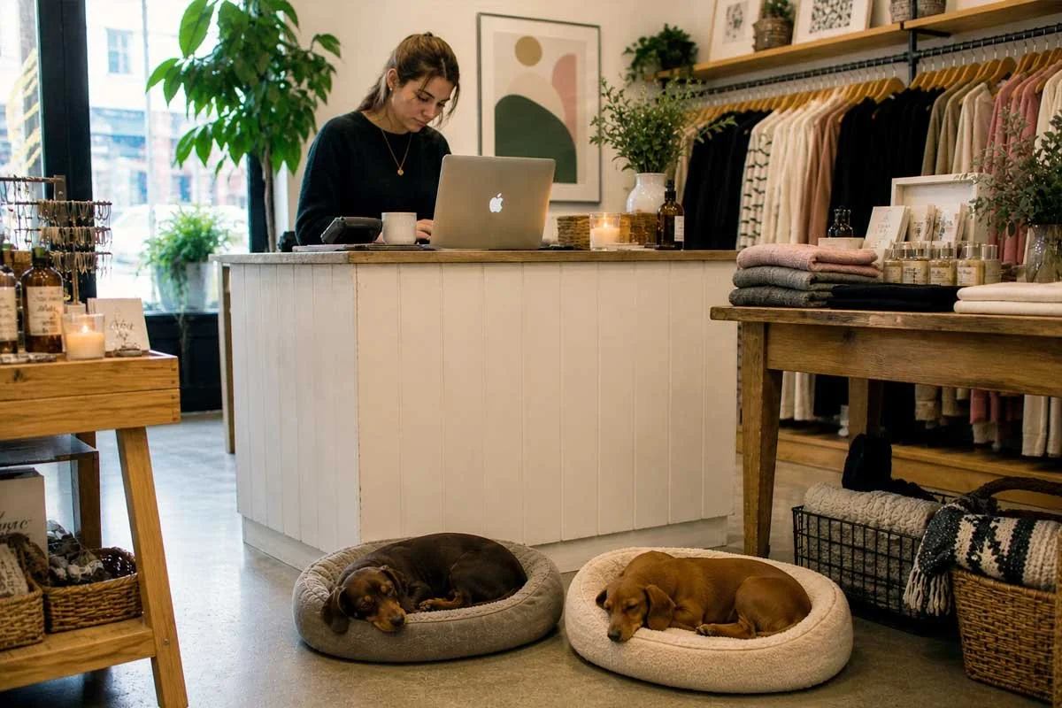 Shop owner working in boutique while dogs rest in beds nearby