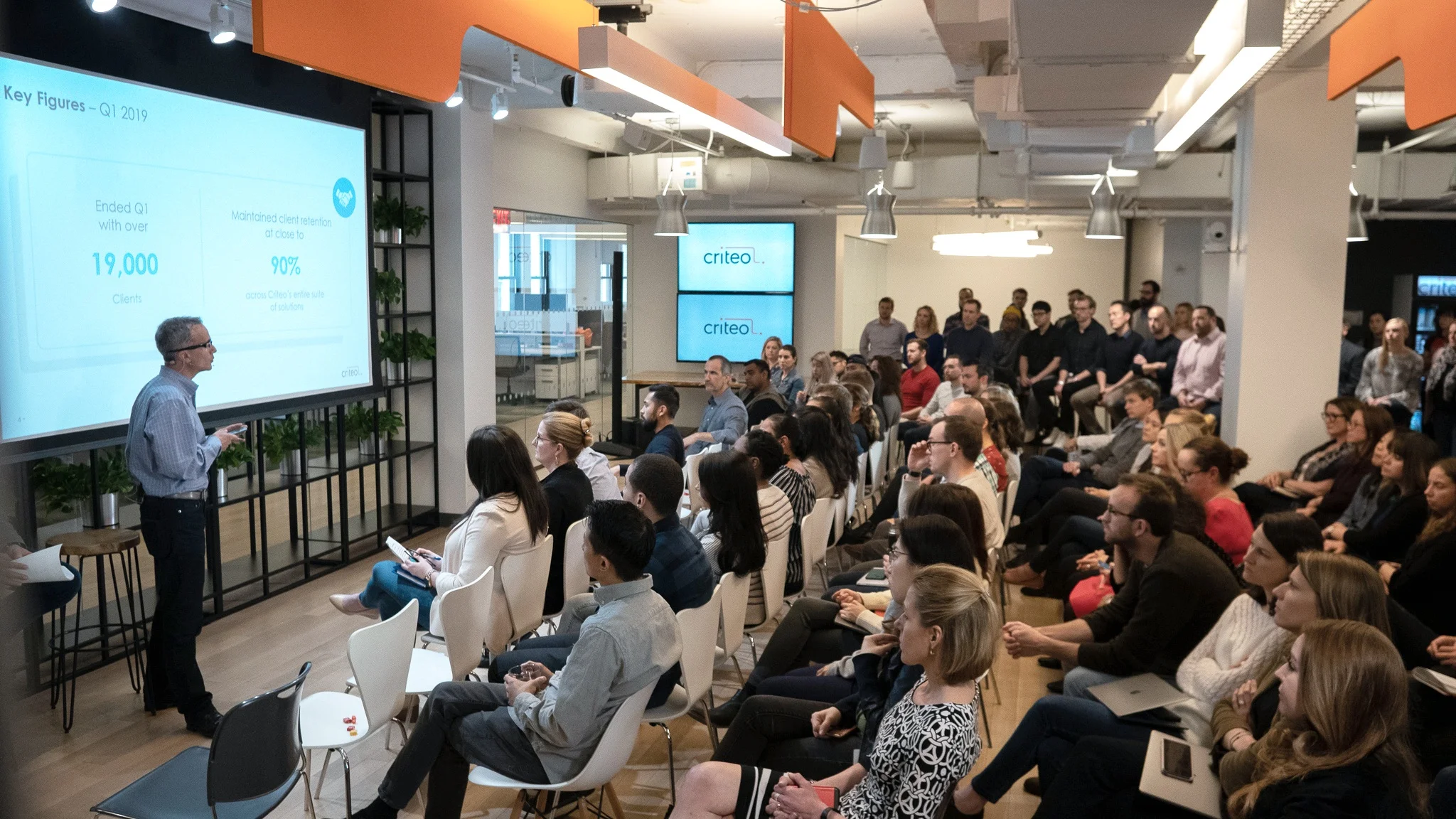 Criteo founder Jean-Baptiste Rudelle addresses the New York City office in a global presentation broadcast to 3000 of the company’s employees worldwide.
