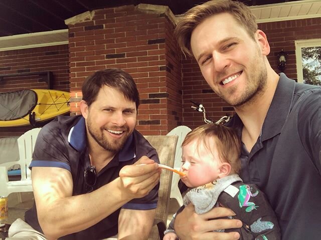 our first #fathersday fun included introducing Teddy to his first taste of banana! 🍌 #twodads