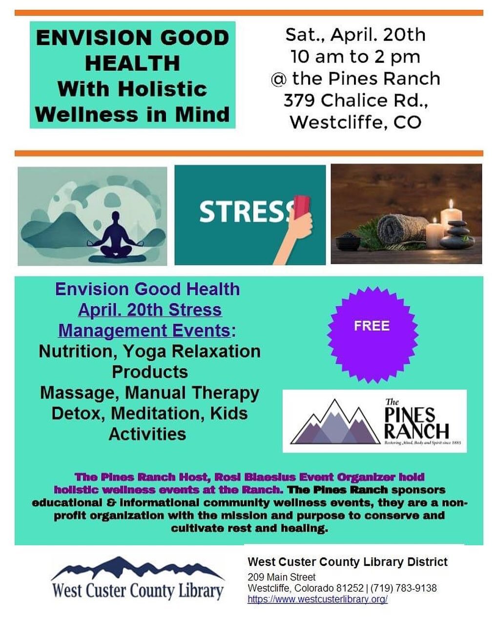 Happy Spring! Excited for the upcoming season and opening the farm to visitors.

Join us this Saturday at The Pines Ranch in Westcliffe to get tips on stress management and wellness.

Take a break and come out to support the community.