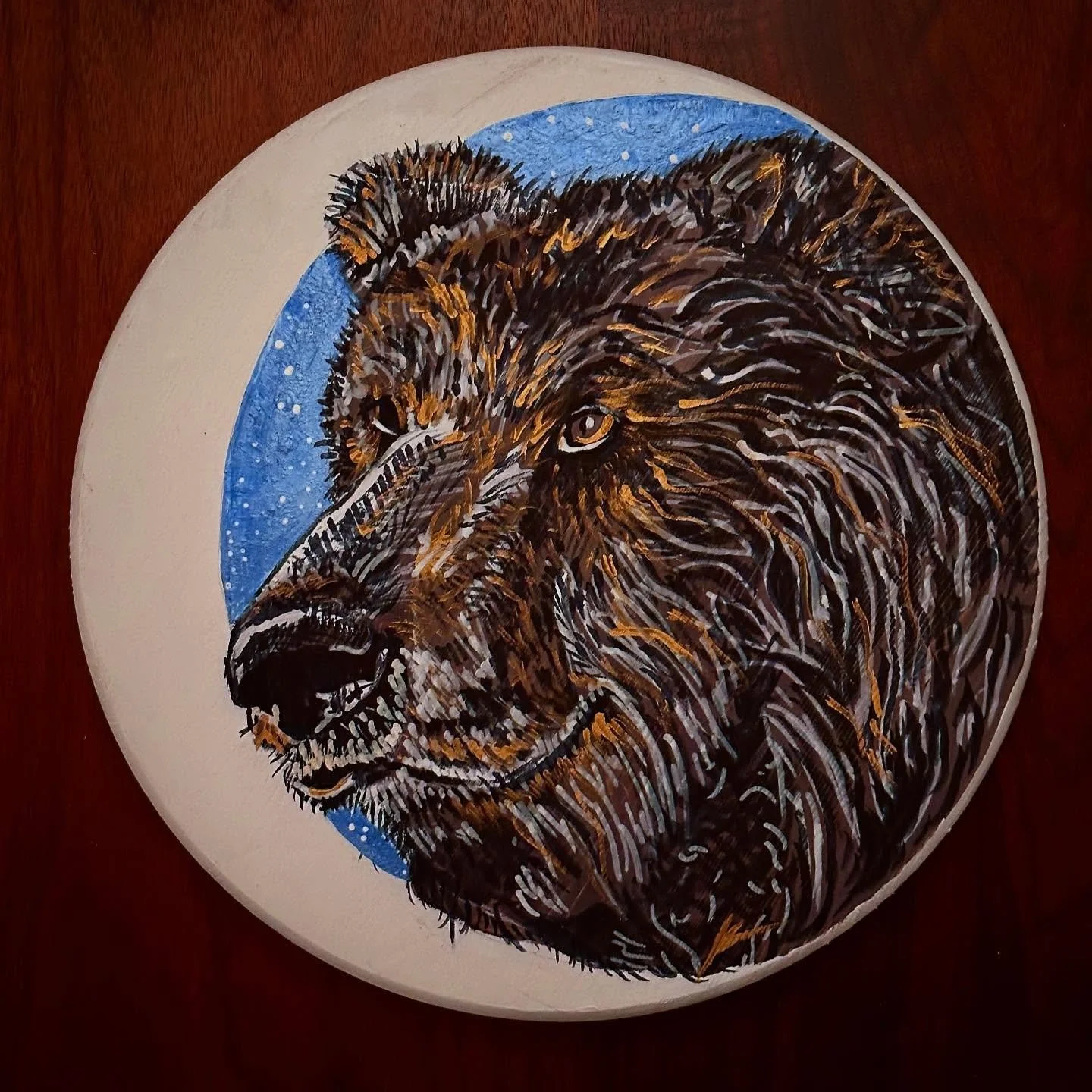 Moon Bear 🌜🐻
.
.Definitely stretched for this one. First time drawing and painting on wood, and experiencing how quickly the wood absorbed the ink I put down. 
. This will be up for auction, along with a bunch of other incredible moons, tomorrow at