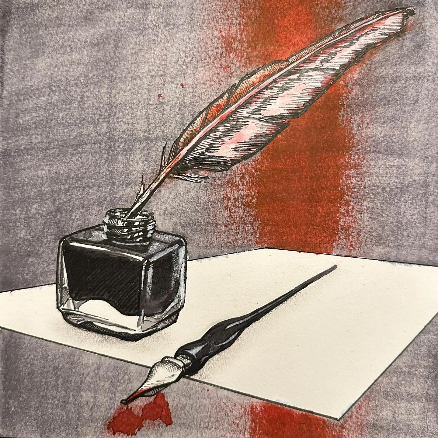 What&rsquo;s black and white and red all over?
. #inkwell #feather #speedball #calligraphy #quill 
.
.
.
. 
. 
#sketch #ink #ocnyarts #hudsonvalleyart #nyartist #warwickartist #arttobuy #hudsonvalleyartist #customart #art #customgift #blackworknow #i