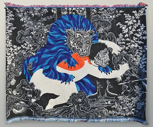   Jury Award Winner  Paul McLachlan,  Blue Lion , 2018, Wall Hanging: rubber, merino, mohair, linen, acrylic and polyester yarns, 1600 x 2170 x 50mm 