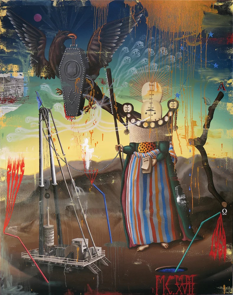   Second Runner-up Award Winner  Matthew Couper,  The Chief Mourner and the Last Drops , 2017, Oil and collage on canvas, 1470 x 1165mm 