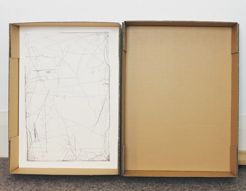   First Runner-up Award Winner  Rose Meyer,  Posted Drawing Box (Wallace) , 2015, Ballpoint, paper, cardboard box, postal system (drawing device: wheels, wood, pen cartridge), 610 x 460 x 150mm 