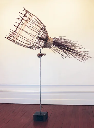   First Runner-up Award Winner   Raewyn Turner and Brian Harris,  Verdugos , 2014, Winter fruit tree sapling branches, hemp string, copper wire, metal and wood, electric motor, radio, 2000 x 1000 x 2200mm 