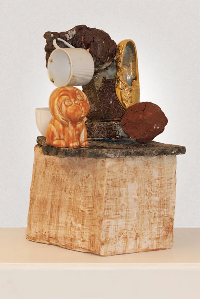   The Wallace Arts Trust Development Award Winner  Bronwynne Cornish,  Between a Rock and Hard Place , 2011, Ceramic collage mounted on metal stand, 500 x 300 x 300mm 