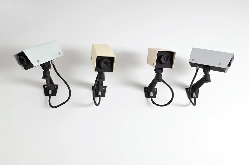   The Kaipara Foundation Wallace Arts Trust Award Winner  Glen Hayward,  Closed circuit (four security cameras located appropriately in a gallery space) , 2010, Rimu and acrylic paint, each:400 x 250 x350mm 