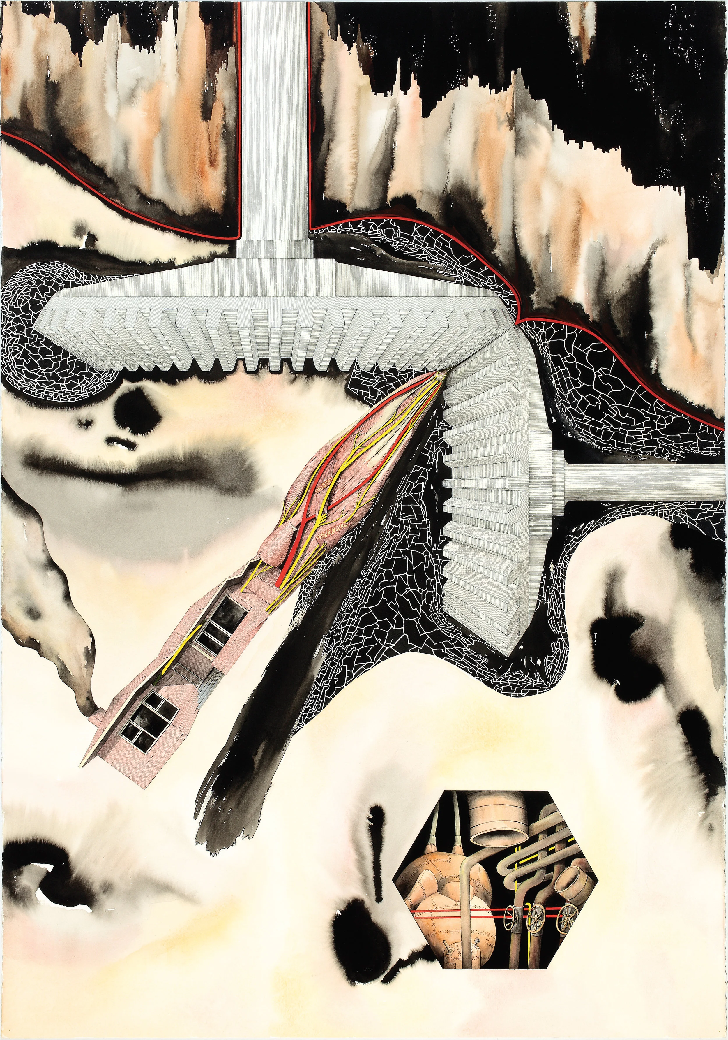   First Runner-up Award Winner  Simon Esling,  Grindhouse,  2010, Ink, watercolour, and Indian ink on paper, 1000 x 700mm 